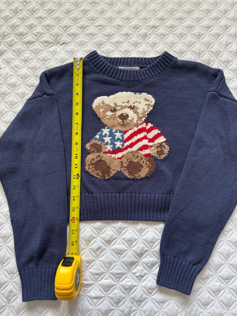 Grayson Threads Navy Blue Crewneck Cropped Sweater Teddy Bear USA Flag Size M - Picture 2 of 13